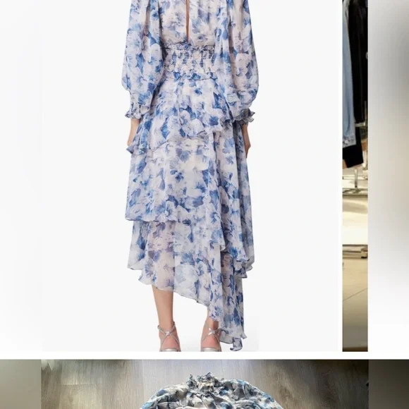 elliatt astrid blue floral asymmetrical puff sleeve tiered hem maxi dress medium - Picture 2 of 6